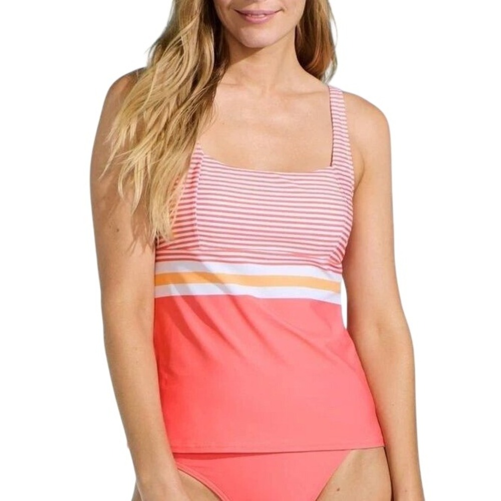 Lands End Tankini Top Womens 12 Peach Orange Pink Stripe Wired Cup Beach Swim
